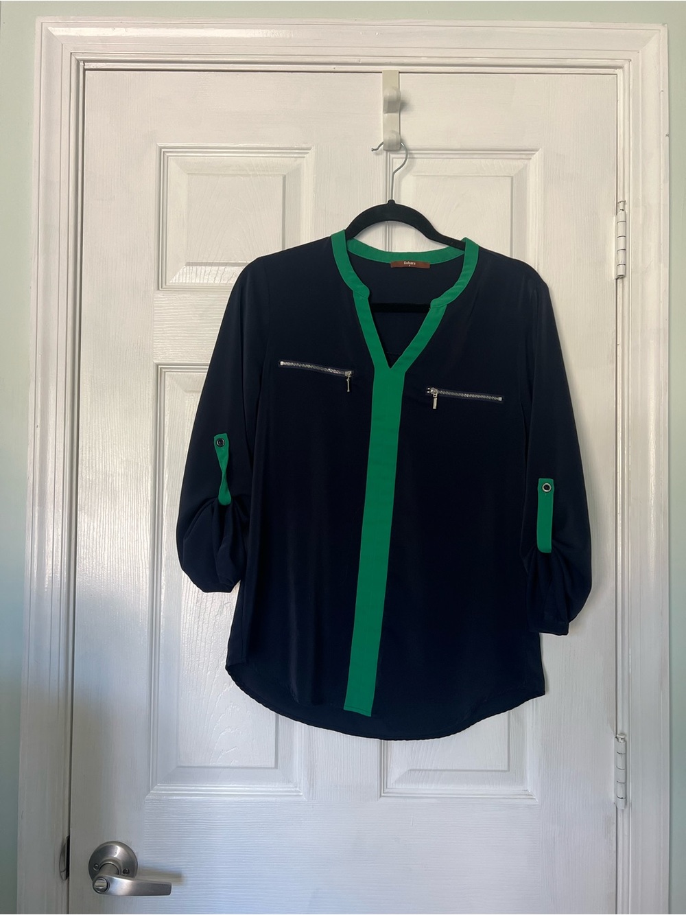 Woven Contrast-Trim Blouse in Black and Green